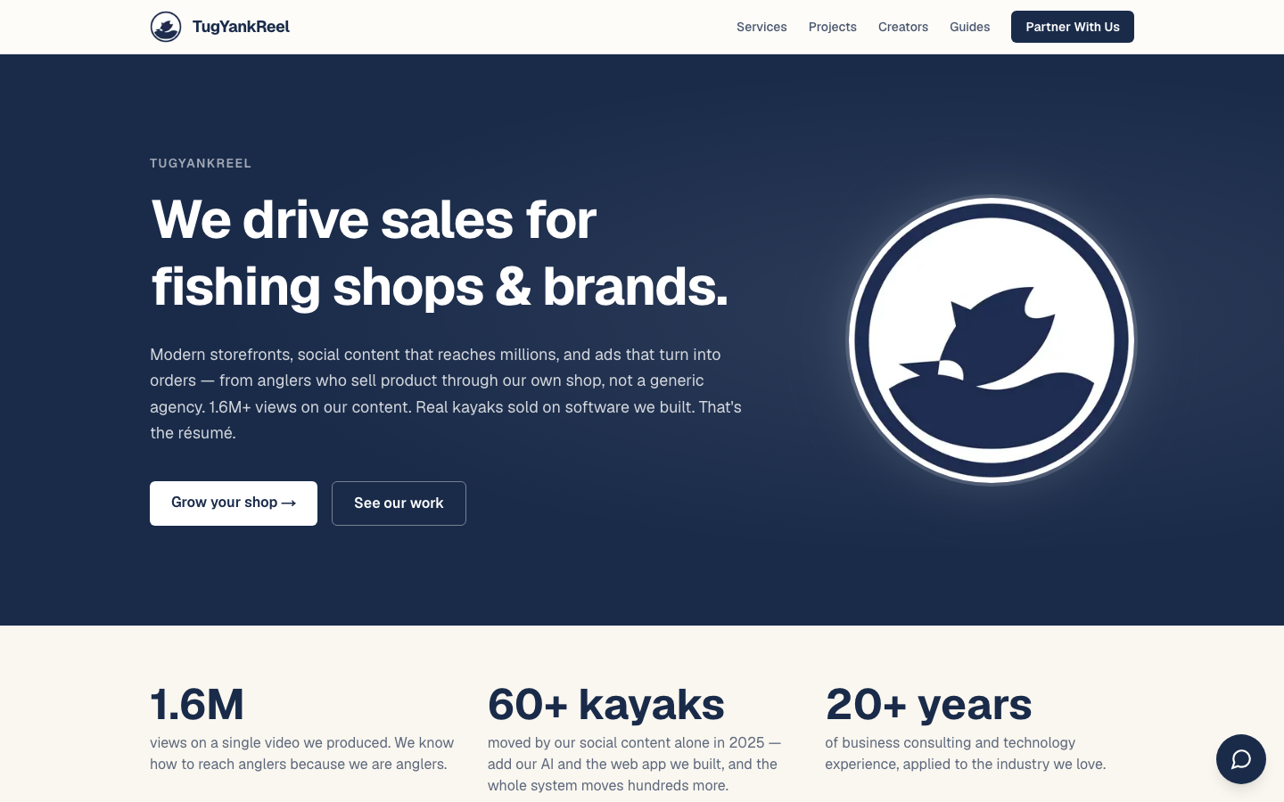 The tugyankreel.com homepage: navy hero with the TugYankReel sonar logo and the headline 'We drive sales for fishing shops and brands'